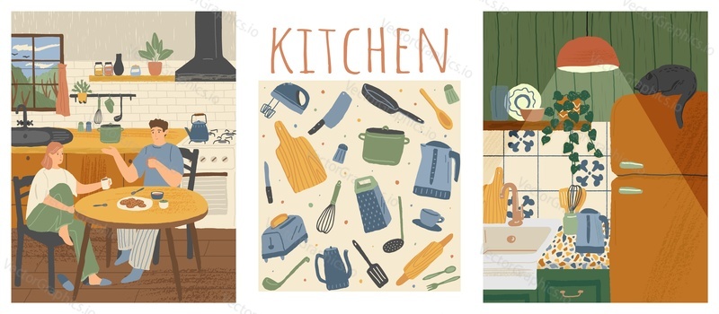 Vector set of home kitchen posters in cartoon hand drawn style. Family having breakfast at home in the kitchen. Cozy house interior. Poster with household utensil, kitchenware, cooking appliances.