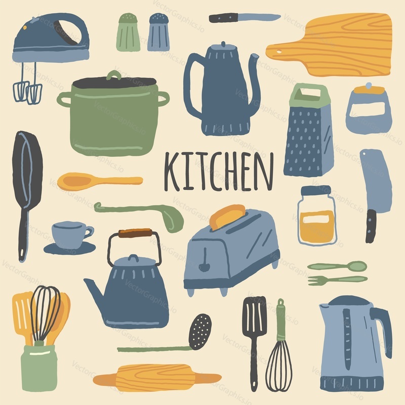 Vector set of kitchen appliances, kitchenware and cookware. Home kitchen utensils for cooking isolated. Hand drawn illustration in cartoon doodle style.