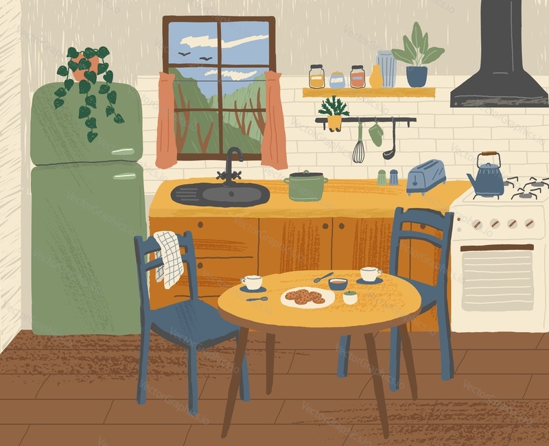 Modern kitchen interior hand drawn vector illustration. Cooking area with dining table in scandinavian cartoon style. Cozy hygge design. Home interior.