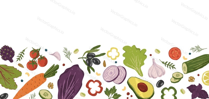 Healthy food background with copy space. Fruits and vegetables hand drawn vector illustration. Greens, carrot, olive, avocado.