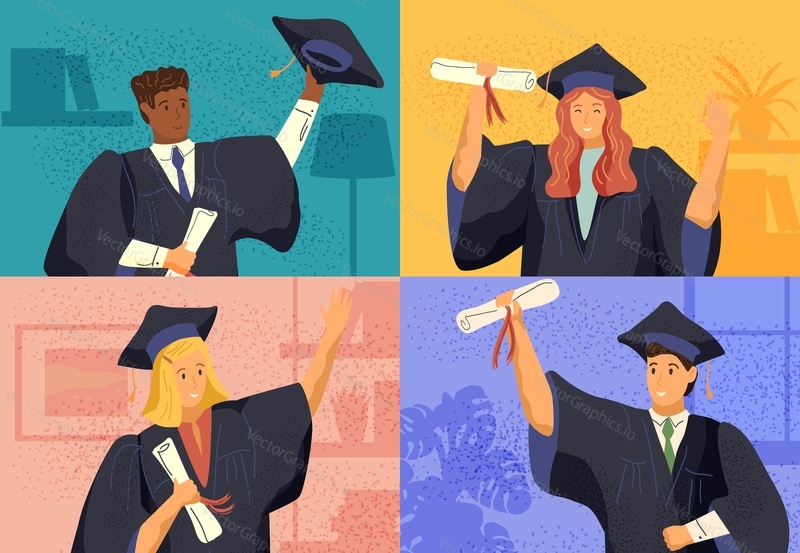Virtual online graduation ceremony concept vector illustration. Students graduate by video call during coronavirus quarantine. Graduates in gowns and hats on a computer screen.