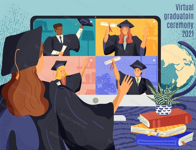 Virtual online graduation ceremony concept vector illustration. Students graduate by video call during coronavirus quarantine. Female student greets her fellow graduates in gowns and hats on a screen.