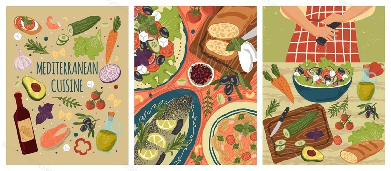 Mediterranean food with fish, salad and vegetables. Woman cooking healthy meal with fresh ingredients. Vector set of hand drawn illustrations and posters.