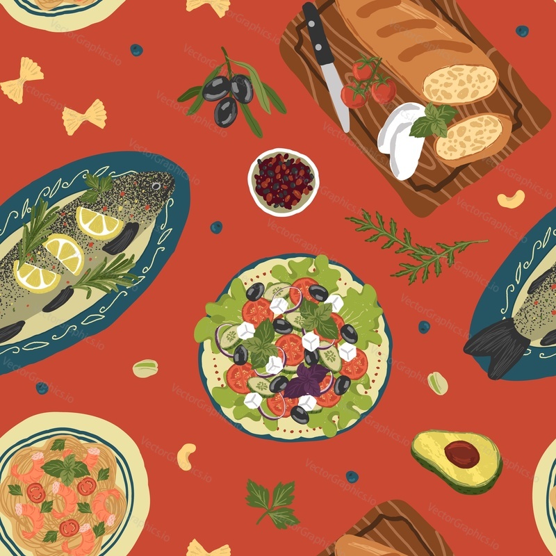 Top view table with mediterranean food seamless pattern. Vector hand drawn illustration. Healthy food, meals with fish, salad and vegetables.