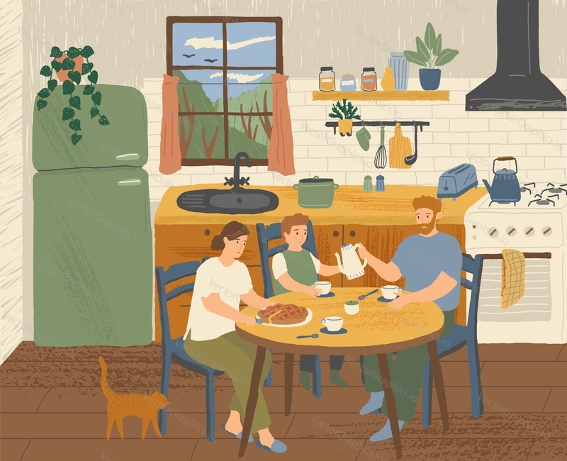Happy family having breakfast at home in the kitchen. Modern kitchen interior hand drawn vector illustration. Cooking area with dining table in scandinavian cartoon style. Cozy hygge design.