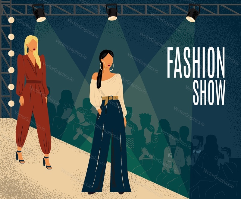 Fashion show concept vector illustration. Hand drawn fashion week poster with models on a catwalk podium. Woman in different design dress. Female clothes design collection.
