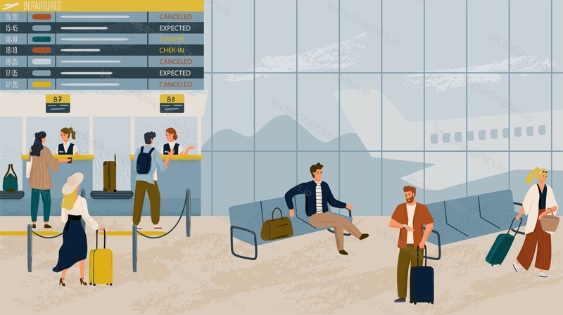 People waiting for a flight in airport terminal hand drawn vector illustration. Passengers in queue at check-in counter in airport. Air travel concept.