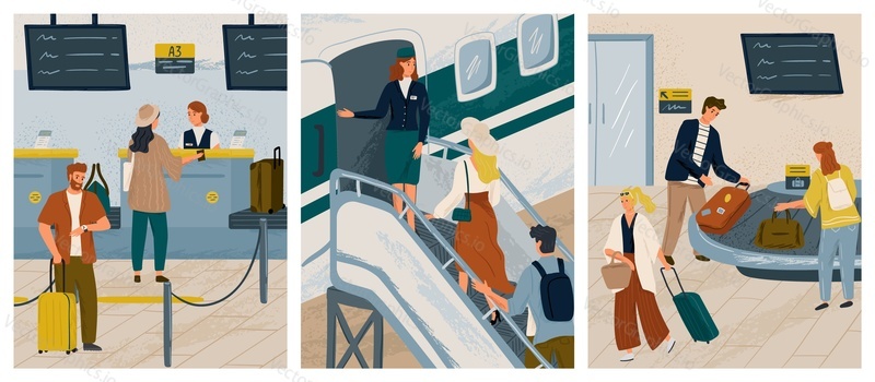 People boarding air plane hand drawn vector illustration set. Passengers at check-in counter in airport. Man and woman waiting for luggage at conveyor belt. Air travel concept.