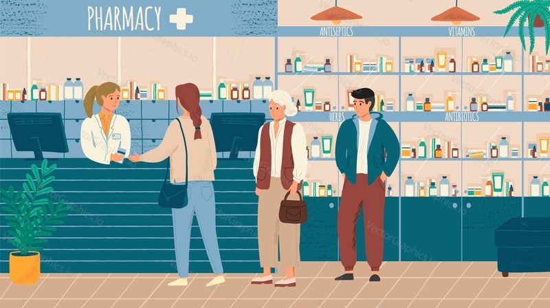 People in queue buying drugs in pharmacy store vector illustration. Pharmacist and clients in counter at pharmacy shop. Drugstore interior with shelves full of drugs.