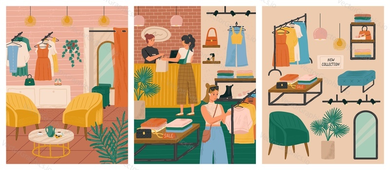 Fashion store vector illustration set. Woman buying dress in modern fashion boutique. Design clothes shop interior. Showroom with female apparel. Modern dress retail sale concept.