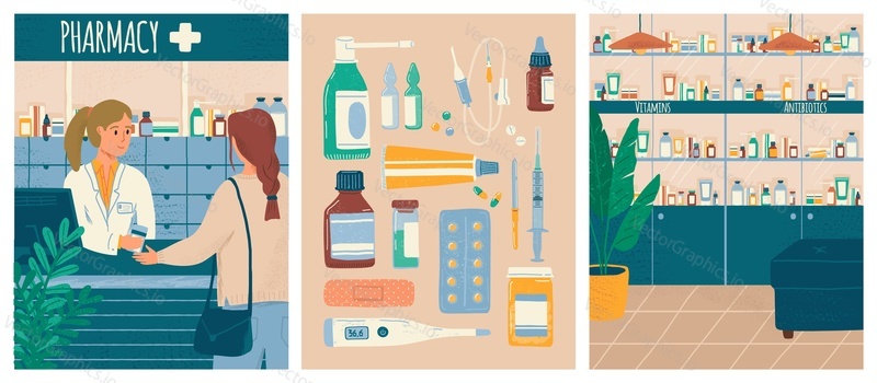 Pharmacy store concept vector illustration set. Pharmacist and clients in counter at pharmacy shop. Drugstore interior with shelves full of drugs. Medicaments and medical objects isolated icons.