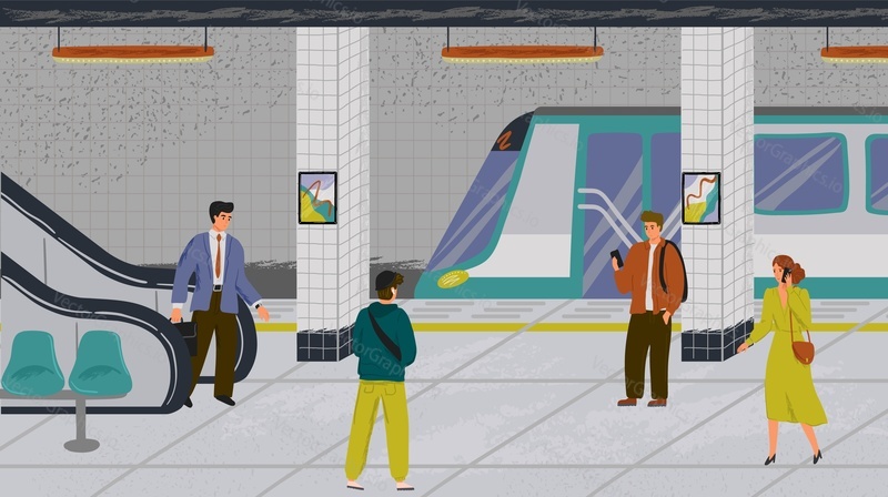 People at subway station vector illustration set. Passengers at metro platform waiting for subway train. Underground urban public transport concept. Modern city commuters.