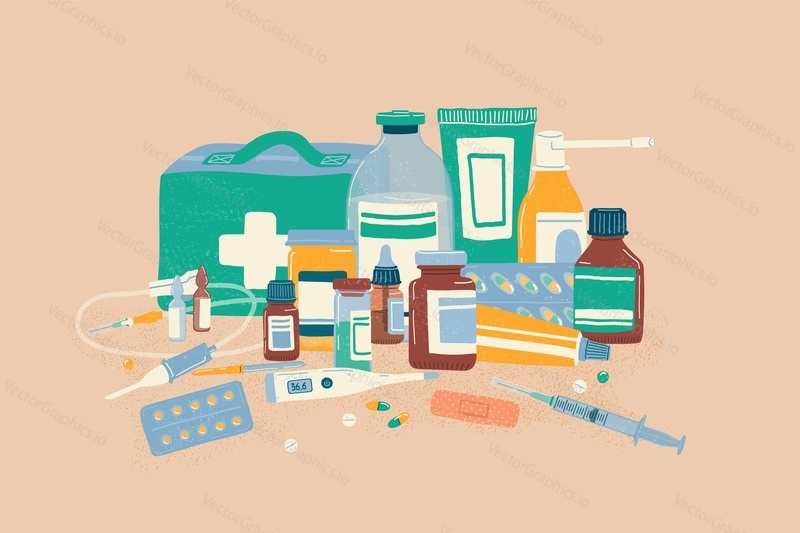 Medical pills, drugs and bottles hand drawn vector illustration. Pharmacy store concept. Vitamins, antibiotics, syringe and first aid kit. Drugstore, medical shop, prescription medicine.