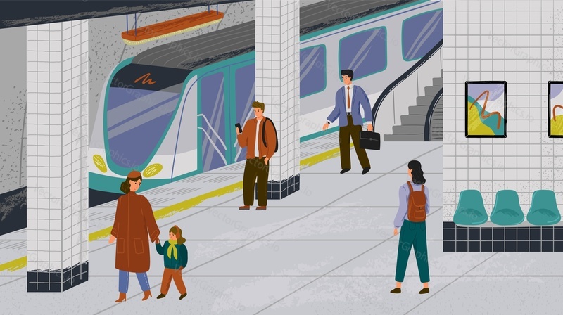 People at subway station vector illustration set. Passengers at metro platform waiting for subway train. Underground urban public transport concept.