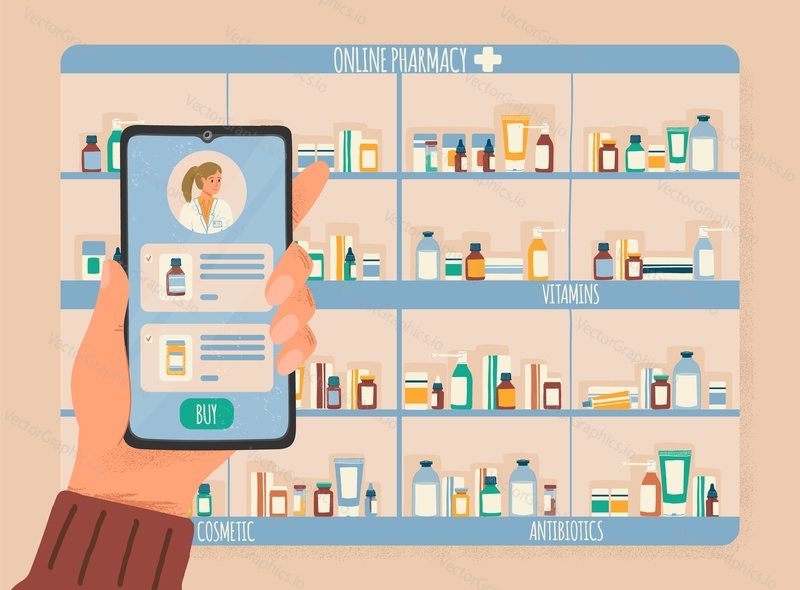 Online pharmacy store concept vector illustration. Mobile phone app to buy drugs online. Pharmacy shop showcase with drugs, bottles, vitamins.