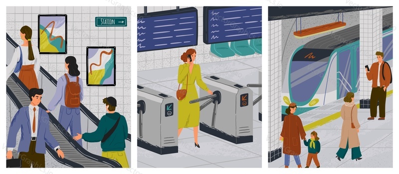 People at subway station vector illustration set. Passengers at metro platform waiting for subway train. People on escalator. Woman with mobile phone passing turnstile. Urban public transport concept.