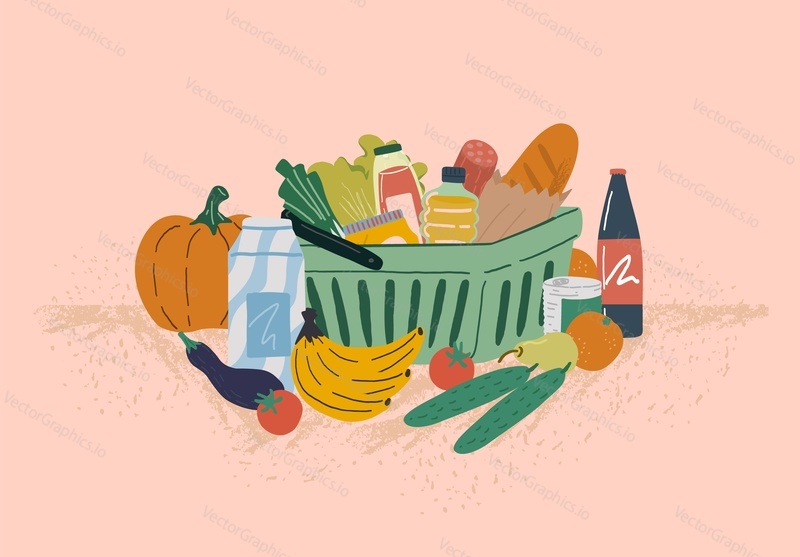 Basket with food vector illustration. Organic fruits and vegetables from grocery store. Hand drawn cartoon with set of fresh food products.