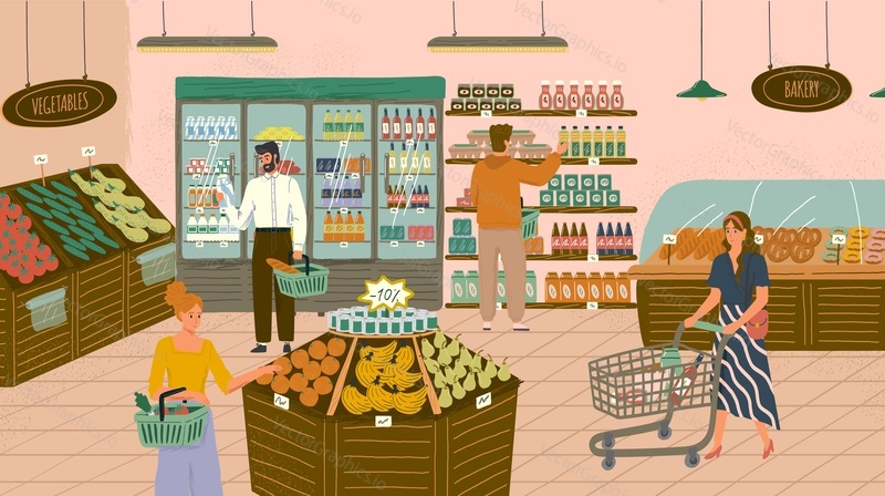 People shopping in grocery store or supermarket concept vector illustration. Organic shop with fruits and vegetables. Woman with trolley buying food. Shelves with food products and bakery.