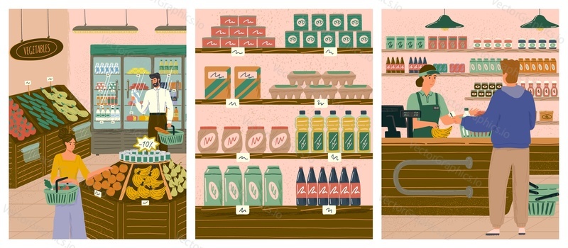 People shopping in grocery store or supermarket concept vector illustration set. Shop with organic fruits and vegetables. Man with basket buying food. Store cashier, shelves with food products.