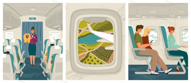 People sit in airplane while flying vector illustration set. Air plane cabin interior. Flight attendant explains air safety rules. Landscape view from aircraft window.
