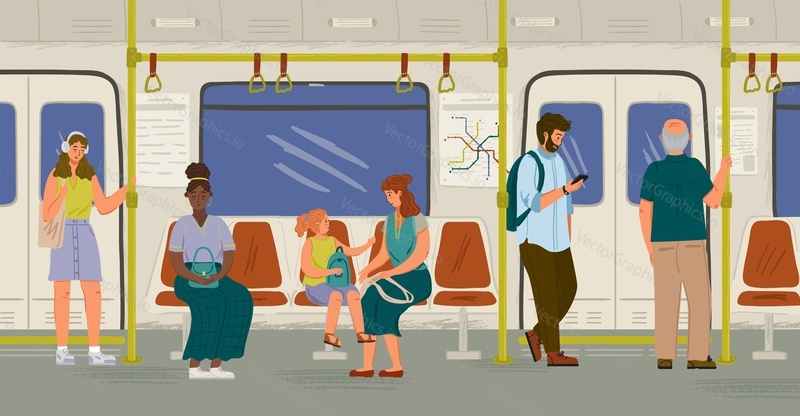 People inside subway train concept vector illustration. Passengers stand and sit in metro train. City underground public transport. People watching mobile phone while commute by subway.