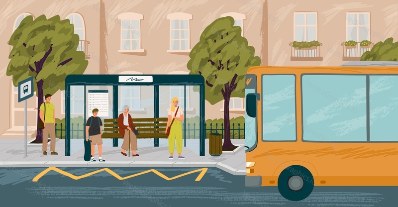 People waiting in queue on bus stop vector illustration. Bus arriving to station. Urban transport concept. City sidewalk.
