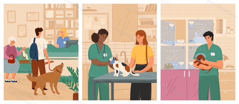 Vet clinic vector illustration set. People with pets visit veterinarian clinic. Veterinary doctor examining dog and cat in vet hospital. Animal medical treatment.
