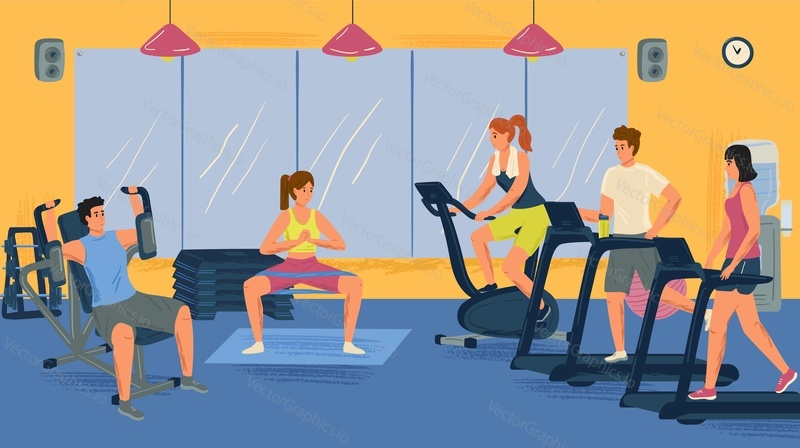People doing exercise in gym concept vector illustration. Fitness workout. Man and woman running on treadmill. Sport gym equipment.