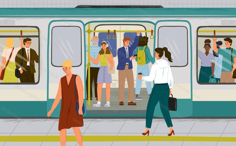 Passengers on crowded platform boarding metro train. People travel by subway train vector illustration set. City underground public transport. People watching mobile phone while commute by subway.