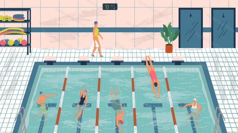Sport professional swimming pool with lanes. People swim in public swimming pool vector illustration set. Man and woman swim in water. Fitness center interior.