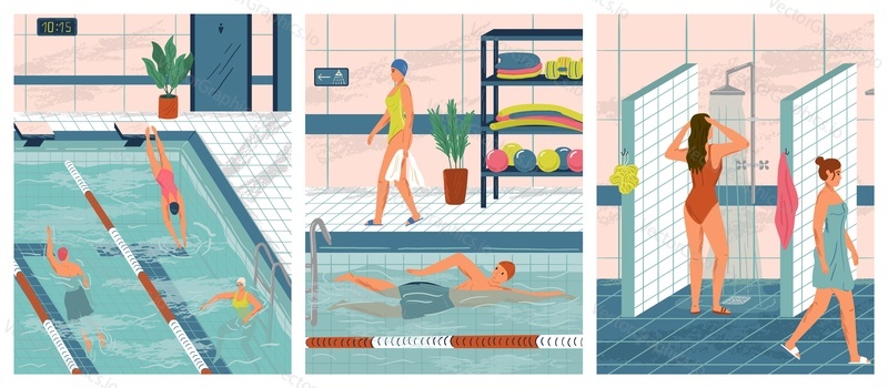 People swim in public swimming pool concept vector illustration set. Sport swimming pool interior. Man and woman swim in water. Girl taking shower after swimming.