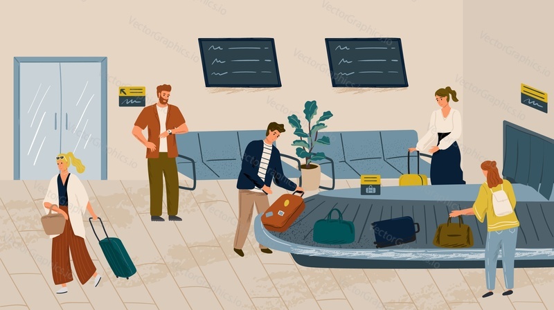 People waiting for bag at airport baggage claim area. Conveyor belt with luggage concept vector illustration. Airport terminal, arrival hall.