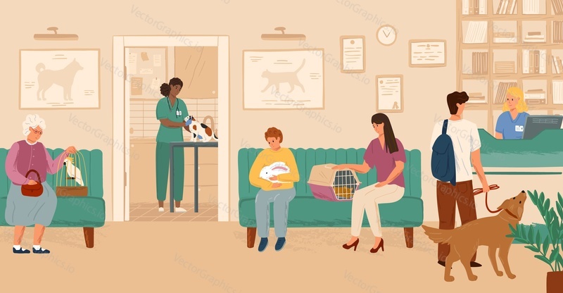 People wait in line on reception in veterinary clinic concept vector illustration. Vet hospital interior. Black veterinarian doctor examing cat on a table. Man and woman with animals.