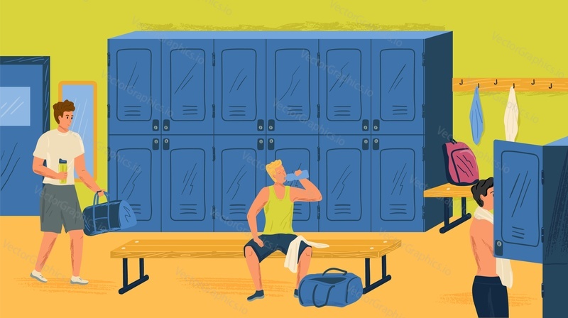 Gym locker room concept vector illustration. Man with sports bag in locker room changing his clothes. Fitness club interior.