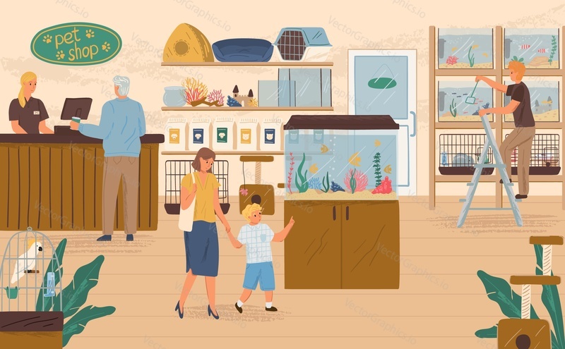 Family with kid buying fish in aquarium in pet shop concept vector illustration. Animal store interior with aquarium and parrot in cage.