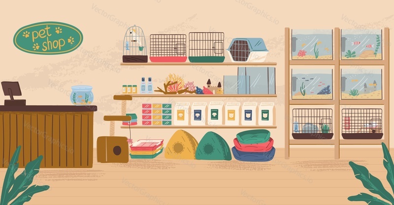 Pet shop interior concept vector illustration. Animal store with canine food, birds cage, aquarium with fish and dog bed.