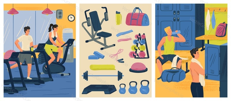 People doing exercise in gym concept vector illustration set. Fitness workout. Sport club changing room with locker. Man running on treadmill. Sport gym equipment, dumbbell, kettlebell, barbell.