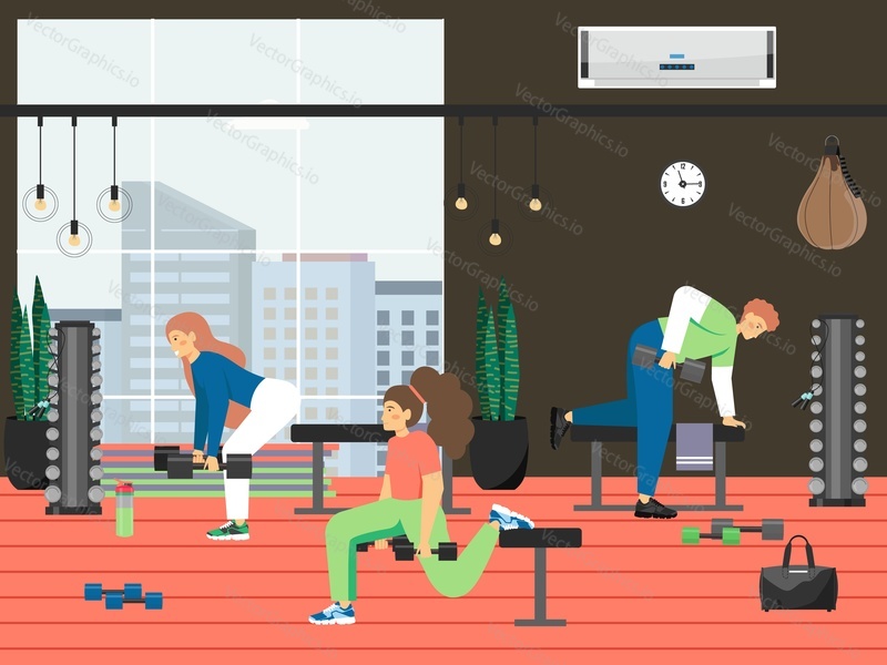 Fitness gym. Young men and women doing exercises with dumbbells, flat vector illustration. Dumbbell triceps, deadlift, split squat workout. Sport and fitness training. Active and healthy lifestyle.