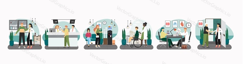Hospital scene set, flat vector illustration. Patients in medical clinic reception, waiting hall, doctor therapist office. Care for disabled people. Doctors appointment, consultation, treatment.