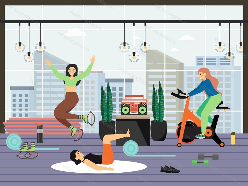 Fitness gym. Young women riding stationary exercise bike, doing kangoo aerobic and pilates exercises, flat vector illustration. Sport and fitness workout. Active and healthy lifestyle.