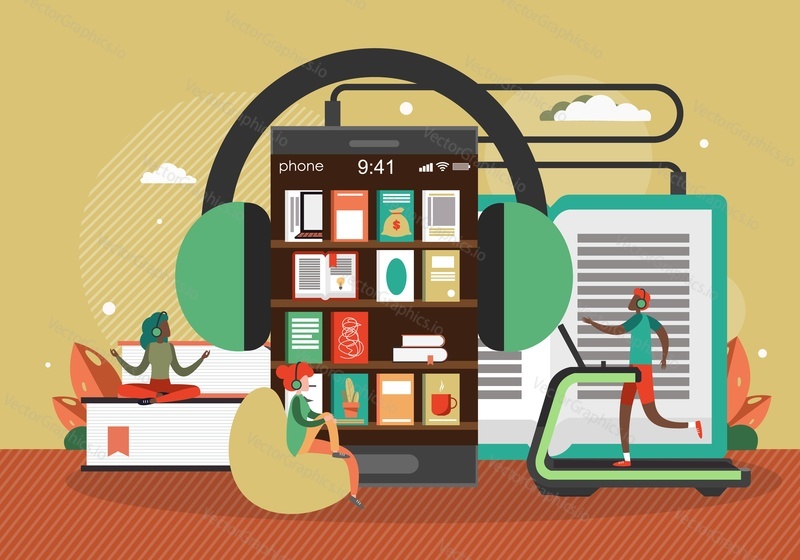 Smartphone with headphones and books on shelves, people listening to audiobooks, podcast doing sport, relaxing, flat vector illustration. Online audio books application.