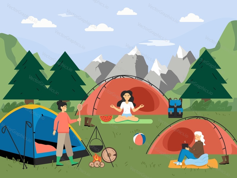 Summer hiking. Campsite with camping tents and happy women meditating, cooking meal on fire, drinking tea, flat vector illustration. Trekking, expedition, travel adventure, nature tourism, camping.