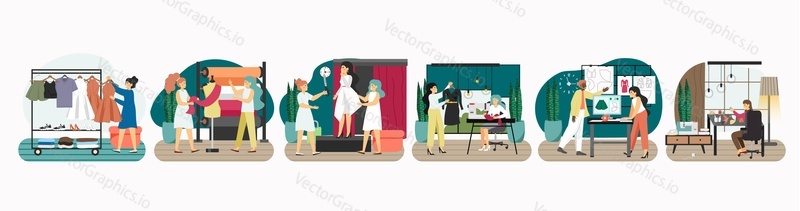 Atelier scene set, flat vector illustration. Dressmakers, fashion designers sewing clothes, making patterns. Customers choosing fabric, trying on dress. Sewing workshop, studio. Tailoring business.