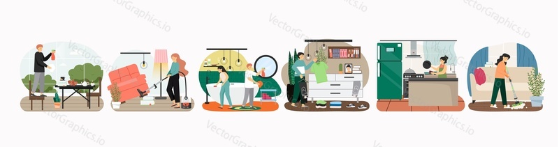 Home cleaning scene set, flat vector illustration. People cleaning bathroom, living room, washing dishes and windows, folding clothes. Housekeeping and dishwashing services. Daily housework routine.