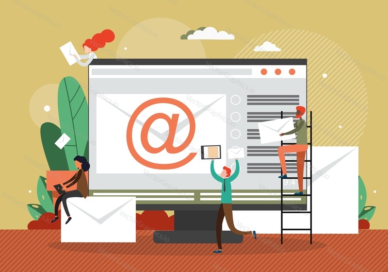 Computer with envelope and email sign on screen, tiny people with messages, flat vector illustration. Email marketing. Communication.