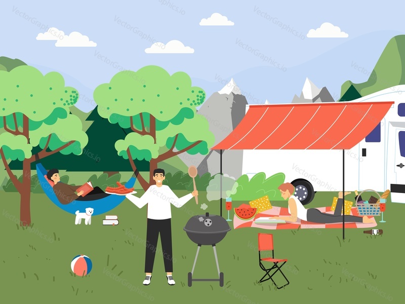 Summer hiking and bbq. Happy people reading books while lying in hammock and on blanket, grilling sausages, flat vector illustration. Barbecue party, outdoor picnic, camper van travel, summer camp.