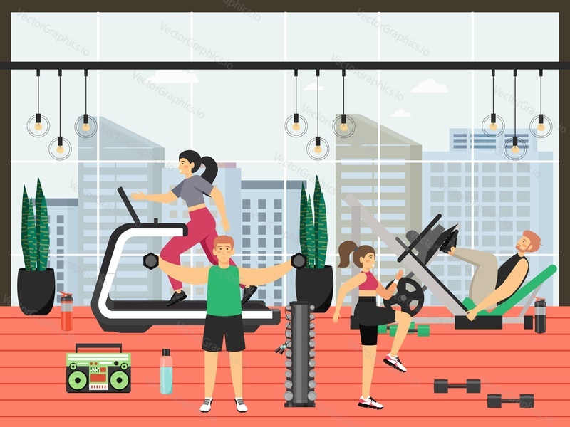 Fitness gym. Young men and women running on treadmill, doing exercises with dumbbells, exercising on leg press machine, flat vector illustration. Sport and fitness workout. Active healthy lifestyle.