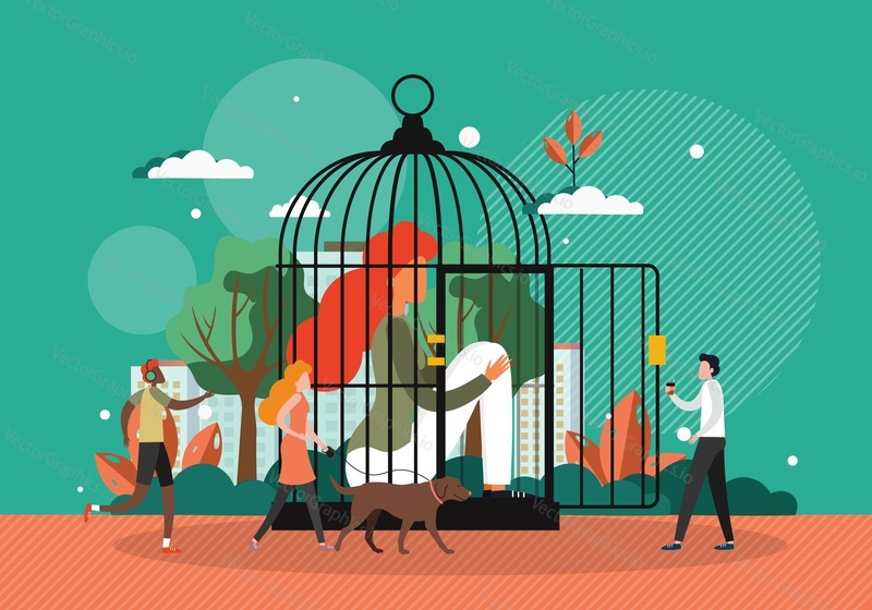 Sad young woman sitting alone in bird cage, flat vector illustration. Loneliness, depression. Mental disorder.