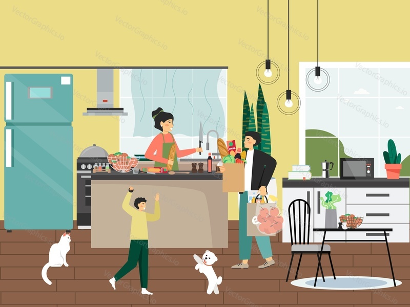 Happy family spending time at home, flat vector illustration. Mother cooking, father carrying bags with groceries, son playing with dog. Family lifestyle, home routine, household chores and leisure.