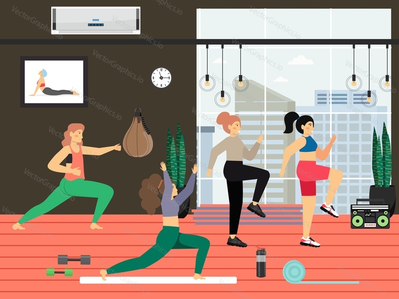 Fitness gym. Young women doing tae bo aerobics, stretching exercises, flat vector illustration. Sport and fitness workout. Active and healthy lifestyle.